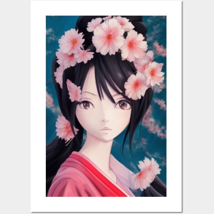 Anime geisha girl with pink flowers Posters and Art